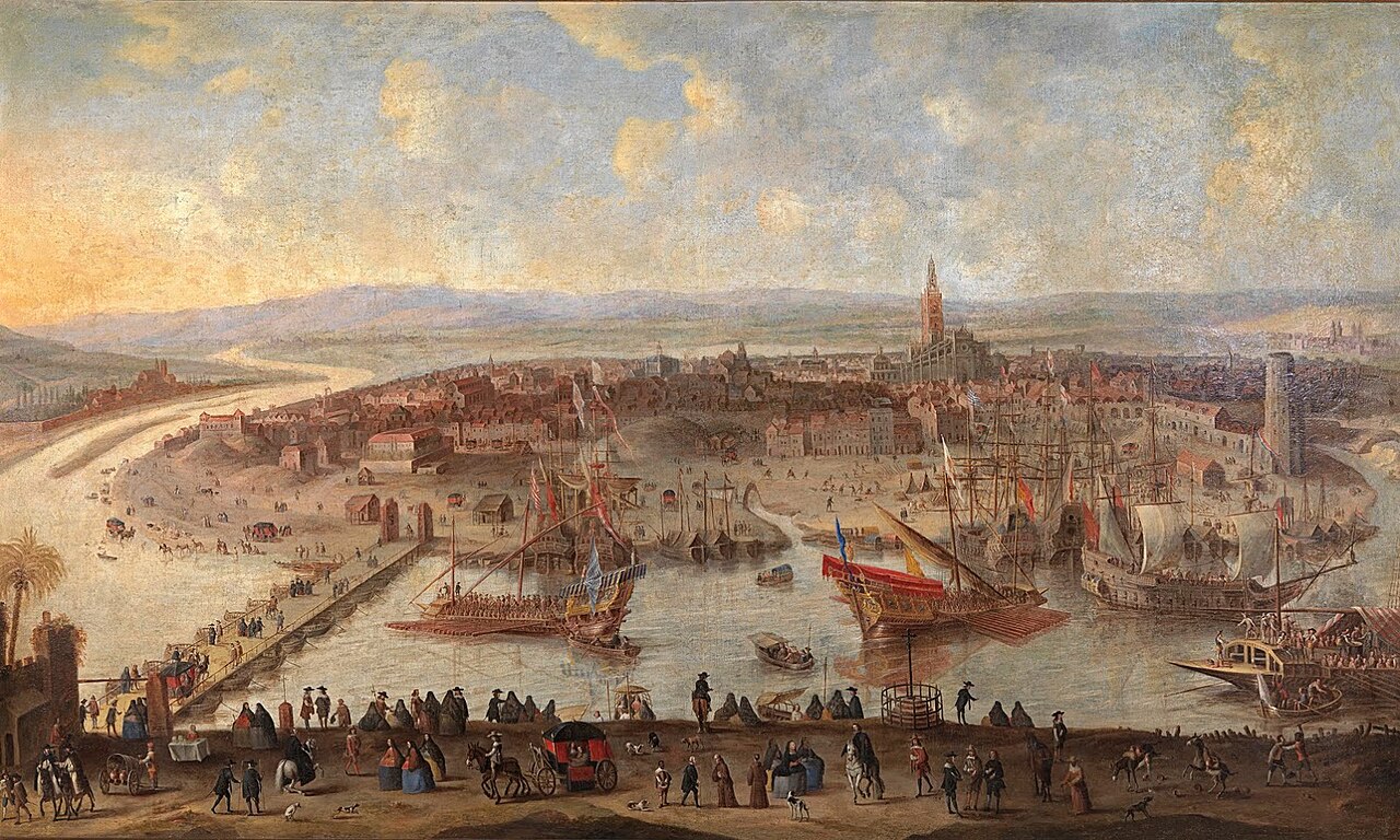 representación de Sevilla en 1660 con el puente de barcas